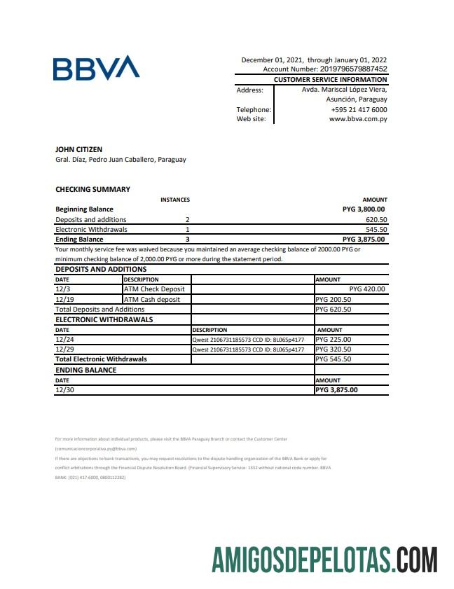 Paraguay BBVA Bank Statement Xls modelo